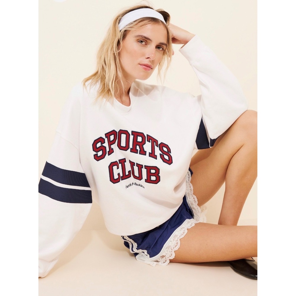 4th & Reckless Stella Sports Club Slogan Oversized Sweatshirt White Varsity XS